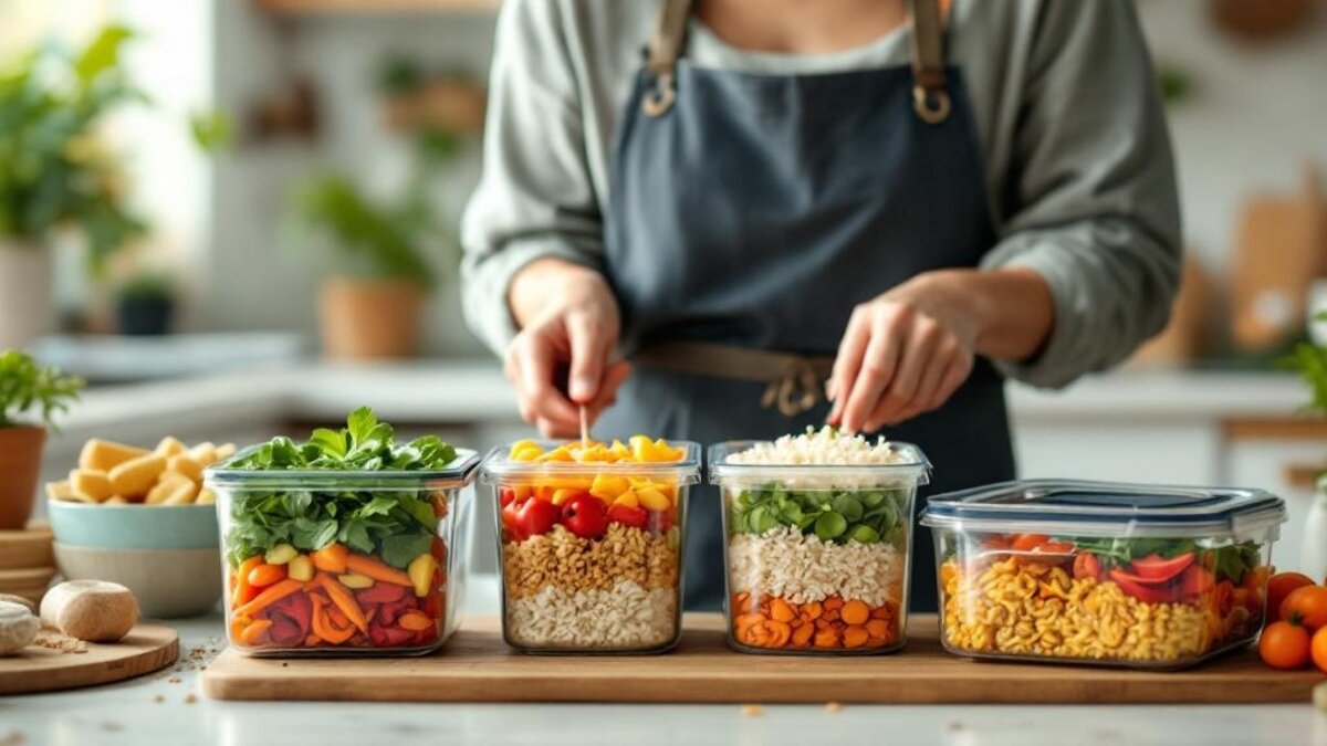 Person meal prepping healthy food in a bright modern kitchen